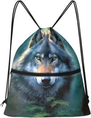 JooMeryer Mens Drawstring Backpack Cool Wolf Printed Foldable String Bag Sackpack Gymsack for Gym Sport,Green Leave Wolf