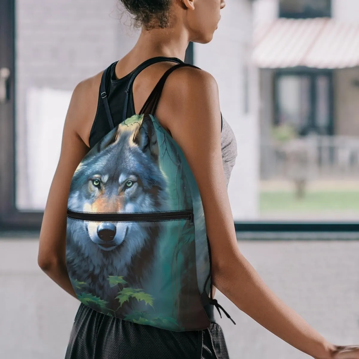 JooMeryer Mens Drawstring Backpack Cool Wolf Printed Foldable String Bag Sackpack Gymsack for Gym Sport,Green Leave Wolf