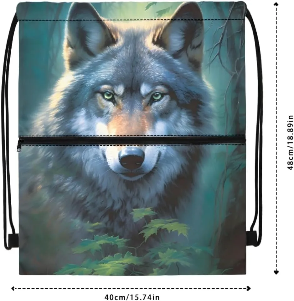 JooMeryer Mens Drawstring Backpack Cool Wolf Printed Foldable String Bag Sackpack Gymsack for Gym Sport,Green Leave Wolf