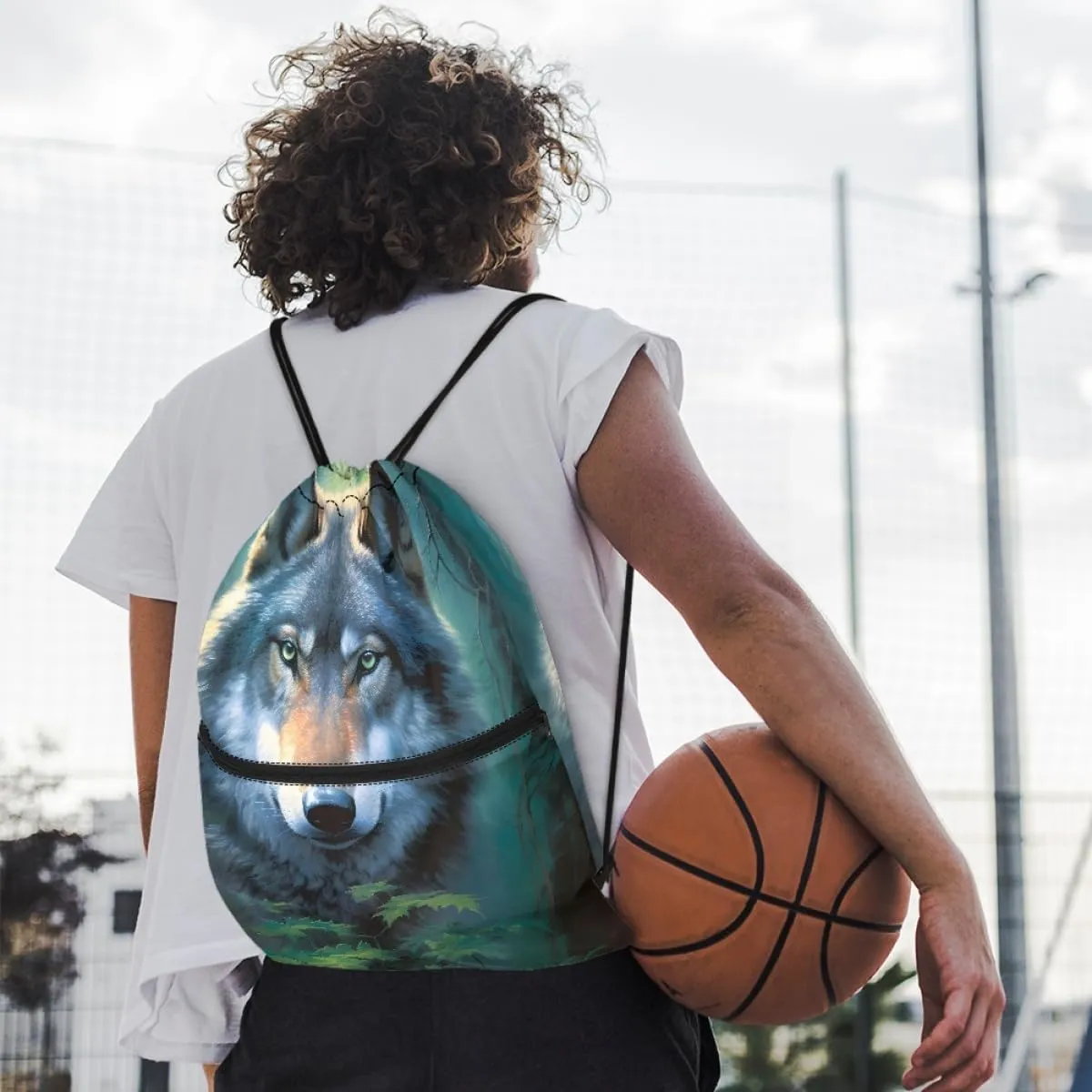 JooMeryer Mens Drawstring Backpack Cool Wolf Printed Foldable String Bag Sackpack Gymsack for Gym Sport,Green Leave Wolf