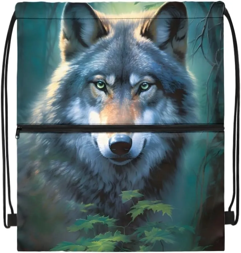 JooMeryer Mens Drawstring Backpack Cool Wolf Printed Foldable String Bag Sackpack Gymsack for Gym Sport,Green Leave Wolf