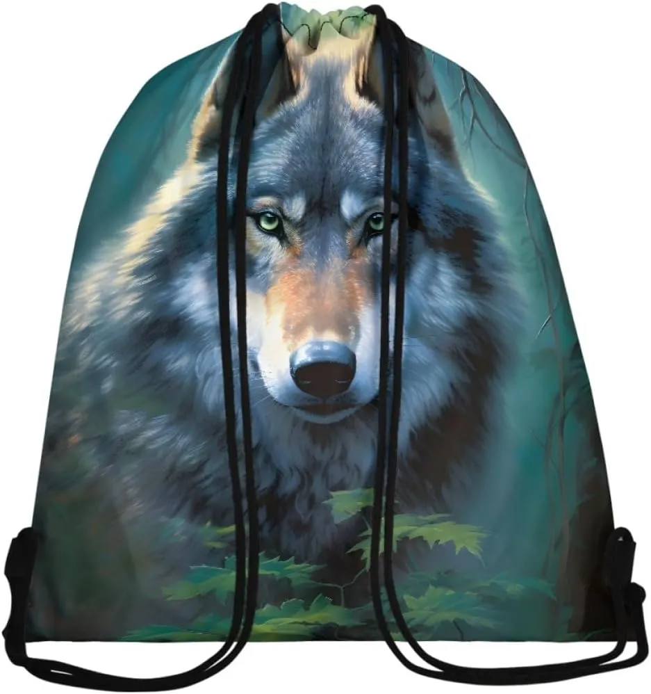 JooMeryer Mens Drawstring Backpack Cool Wolf Printed Foldable String Bag Sackpack Gymsack for Gym Sport,Green Leave Wolf