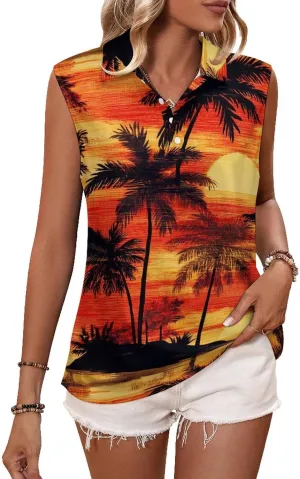 JooMeryer Women's Moisture Wicking Golf Shirt Hawaiian Surfing Flower Printed Sleeveless Athletic Shirts
