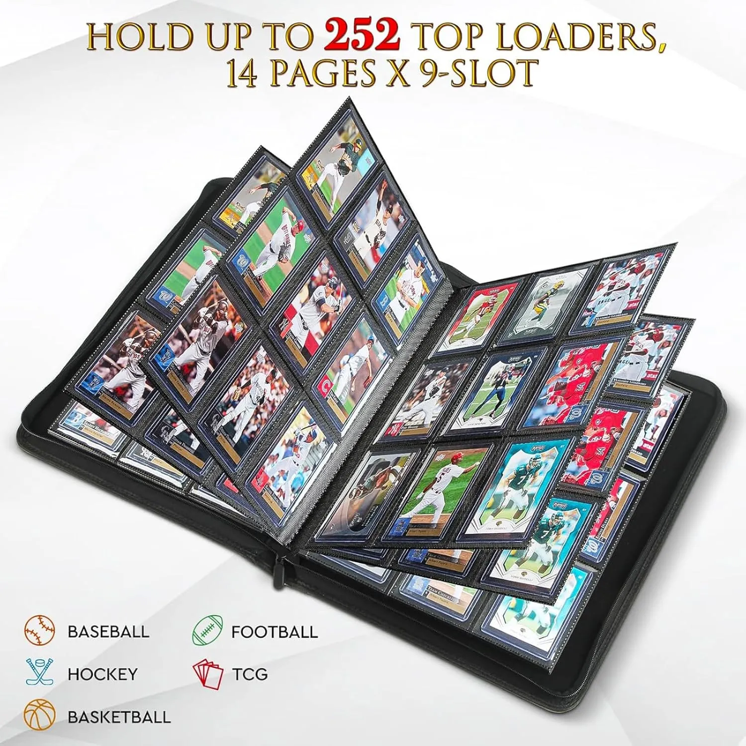 JoyHood Top Loader Binder, Holds 252 Top Loaders, 9 Slot Trading Cards Collection Binder with Sleeves, Top Loader Storage Holder for Sports Card, Not for Cards WITHOUT a Top Loader, Grey