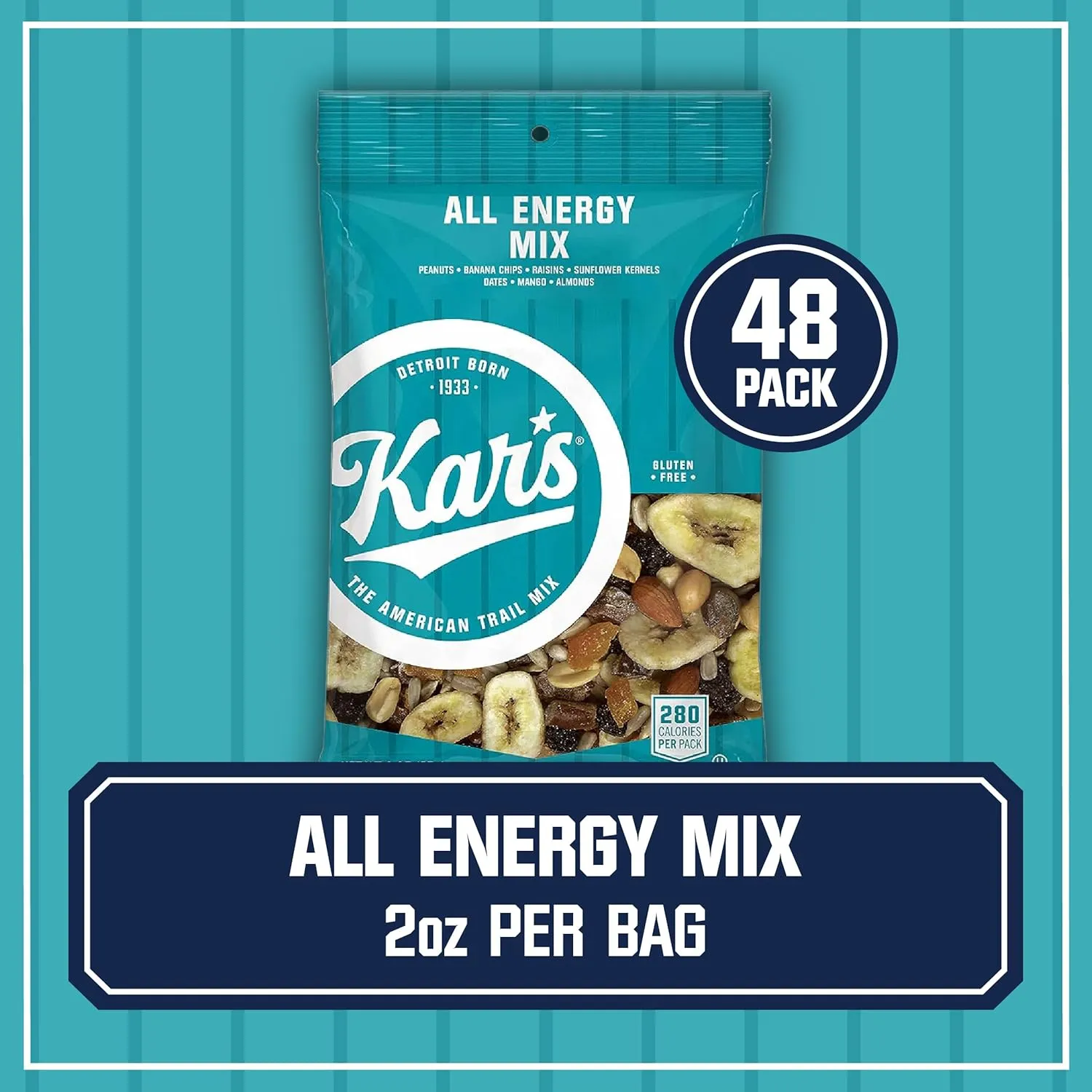 Kar’s Nuts All Energy Unsalted Trail Mix, 2 oz Individual Snack Packs - Bulk Pack of 48, Gluten-Free Snack Mix