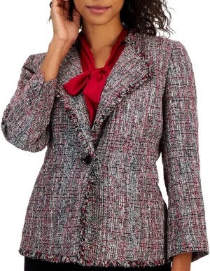 Kasper Women's Tweed One Button Wing Lapel W/Fringe