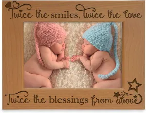 KATE POSH - Twice the Smiles, Twice the Love, Twice the Blessings from above - Engraved Natural Wood Picture Frame - Twins photo frame, Twins gifts for babies, Twins gifts for mom (4x6-Horizontal)
