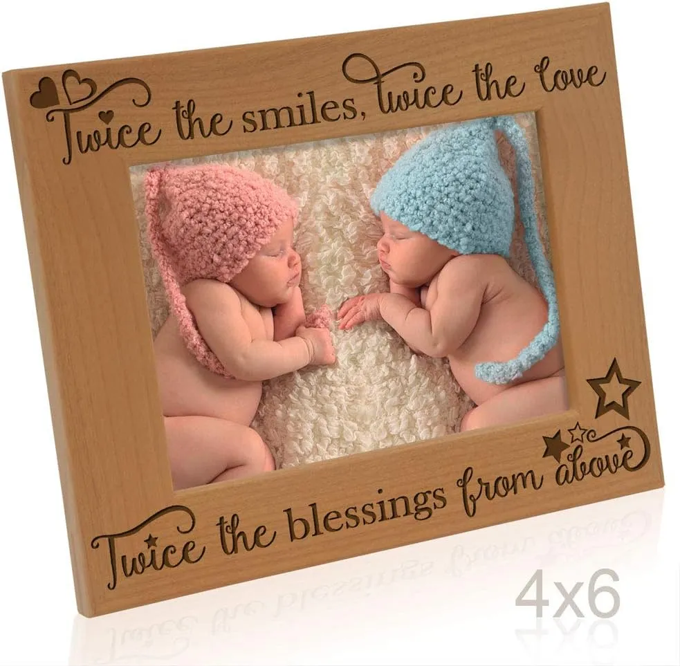 KATE POSH - Twice the Smiles, Twice the Love, Twice the Blessings from above - Engraved Natural Wood Picture Frame - Twins photo frame, Twins gifts for babies, Twins gifts for mom (4x6-Horizontal)