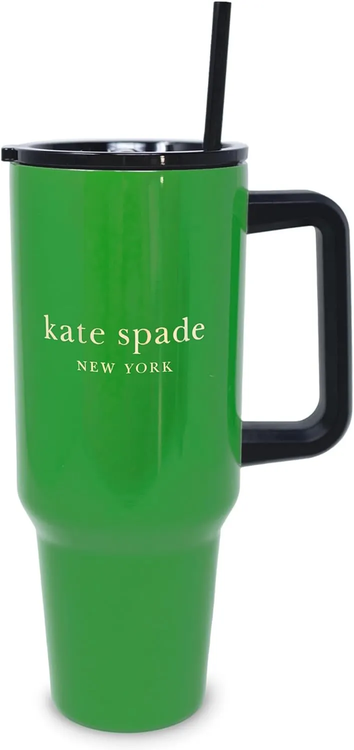 kate spade new york 40 Ounce Tumbler with Handle and Straw, Cupholder Friendly, Double Wall Stainless Steel Insulated Cup, Green