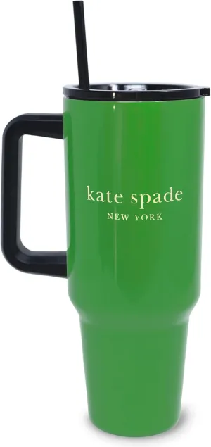 kate spade new york 40 Ounce Tumbler with Handle and Straw, Cupholder Friendly, Double Wall Stainless Steel Insulated Cup, Green