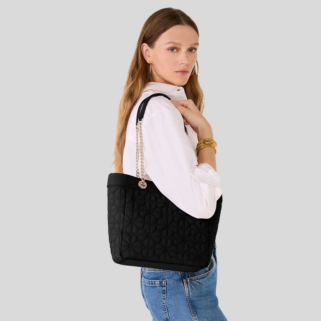KATE SPADE Spade Flower Quilted Fabric Medium Tote Black RB-KK156