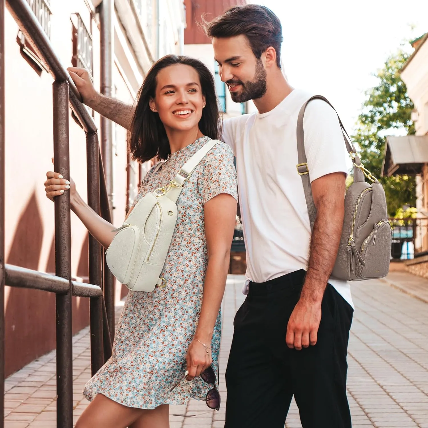 Kattee Sling Bag for Women, Leather Fanny Packs Crossbody Purse, Small Chest Bag with RFID Blocking, Beige