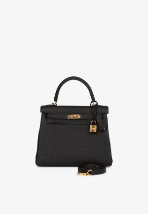 Kelly 25 Top Handle Bag in Black Togo Leather with Gold Hardware
