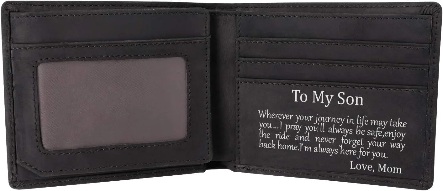 Kenon Personalized Leather Wallet For Son From Mom, Engraved RFID Blocking Bifold Stylish Wallet For Son Birthday Valentines Father's Day Christmas Gifts