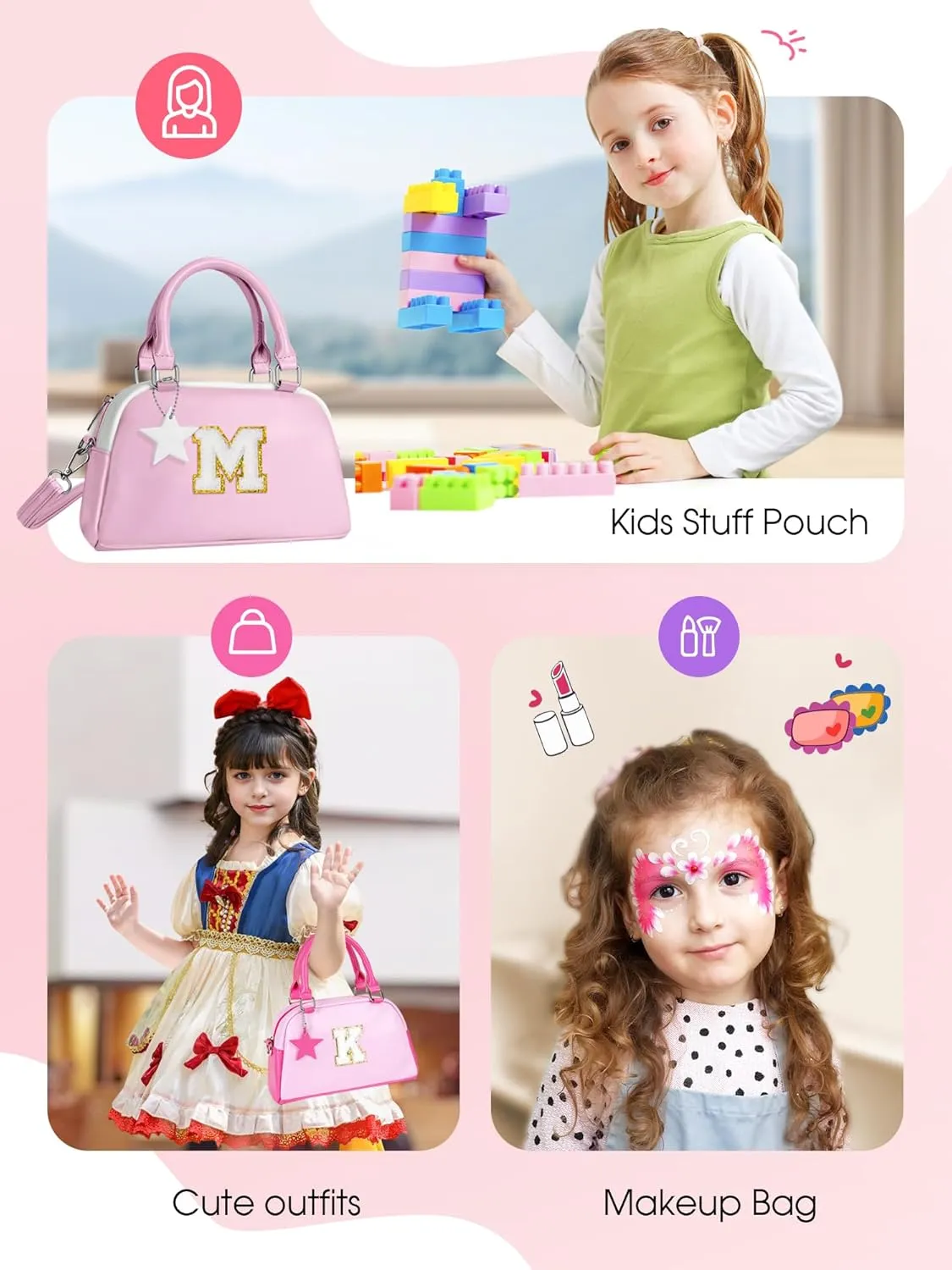 Kids Purse Handle Bag Crossbody bags, Makeup bag Girls Gifts, Gifts for 4-8-10-12 Girl Toddler, monogram Pouch Bag for makeup kits, Handbag-peach pink-Q