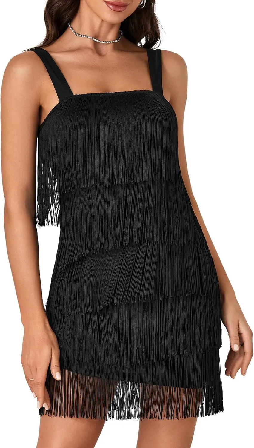 KIFOVEN Women’s Layered Fringe Dress Sleeveless 1920s Flapper Dress Gatsby All-Over Tassel Mini Dress