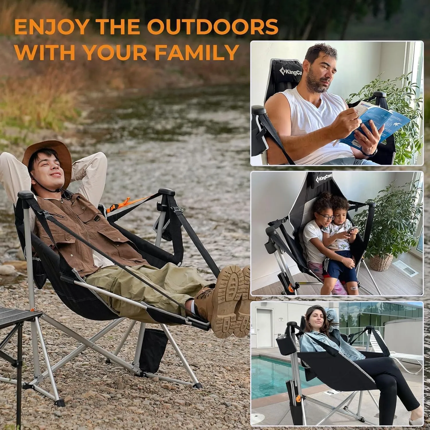 KingCamp Hammock Chair with Footrest, Swinging Portable Folding Camping Chairs for Adults MAX 400lbs Heavy Duty Foldable Oversized Rocker with Cup Holder Pillow for Outdoor Beach Patio Sport Lawn