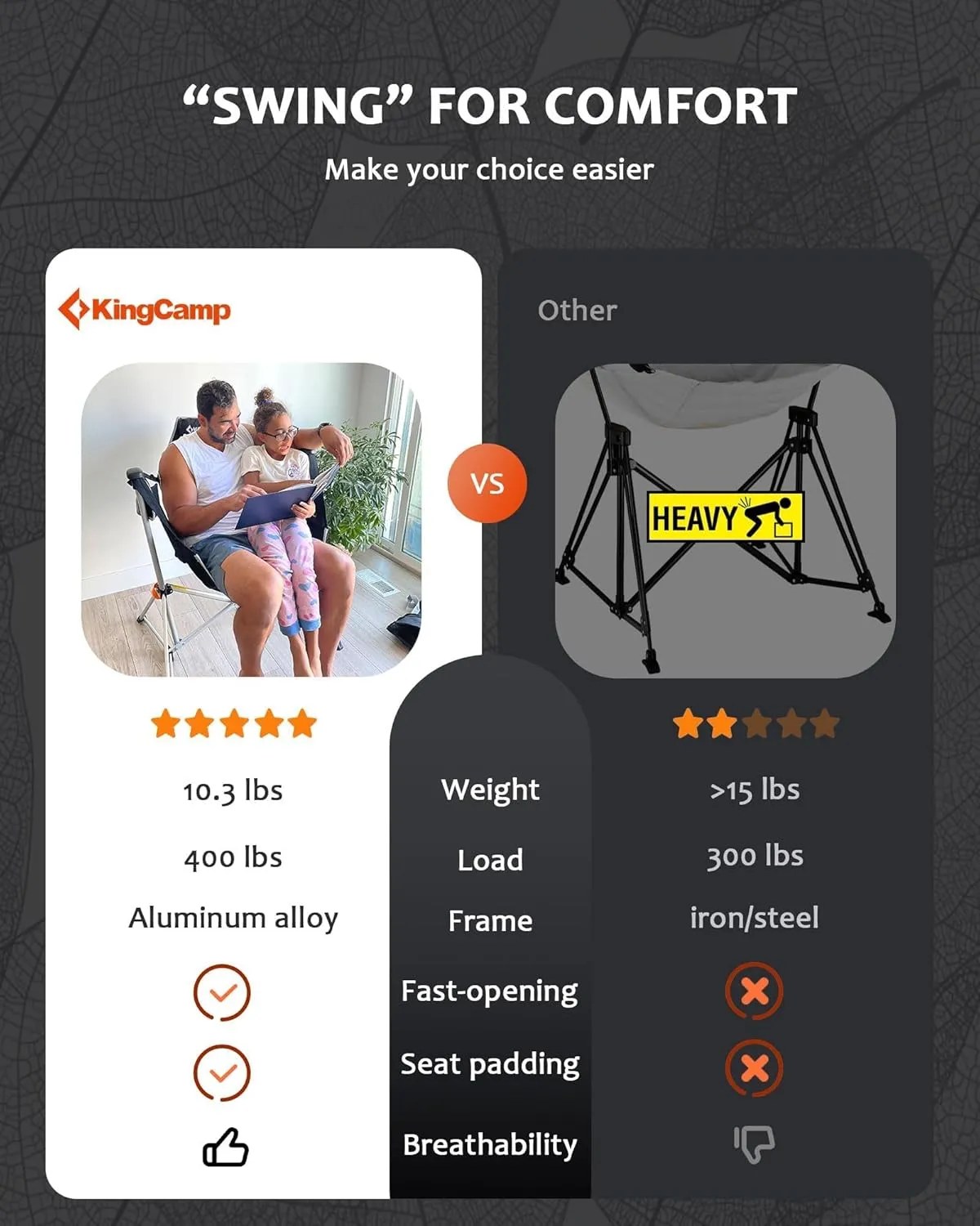 KingCamp Hammock Chair with Footrest, Swinging Portable Folding Camping Chairs for Adults MAX 400lbs Heavy Duty Foldable Oversized Rocker with Cup Holder Pillow for Outdoor Beach Patio Sport Lawn
