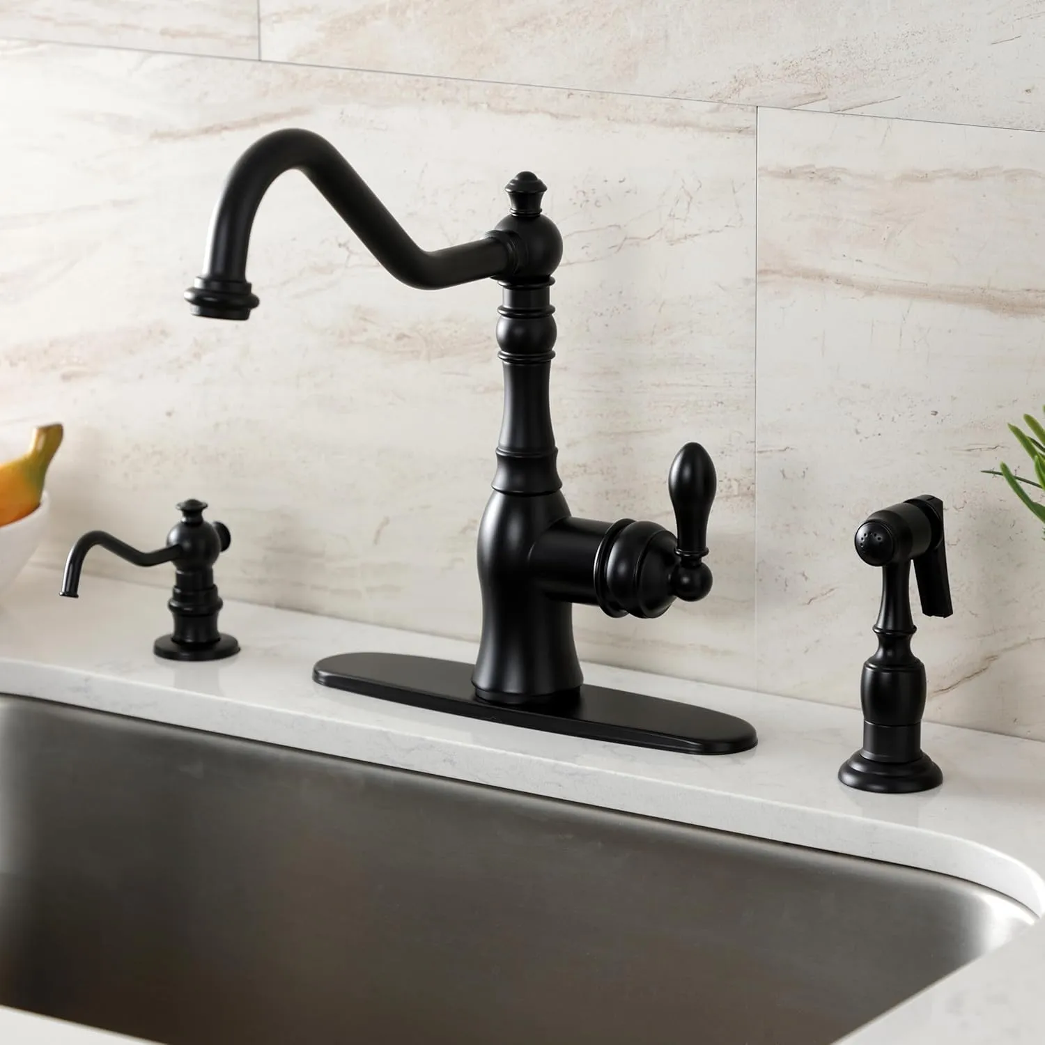 Kingston Brass GSY7700ACLBS American Classic Single-Handle Kitchen Faucet with Brass Sprayer, Matte Black