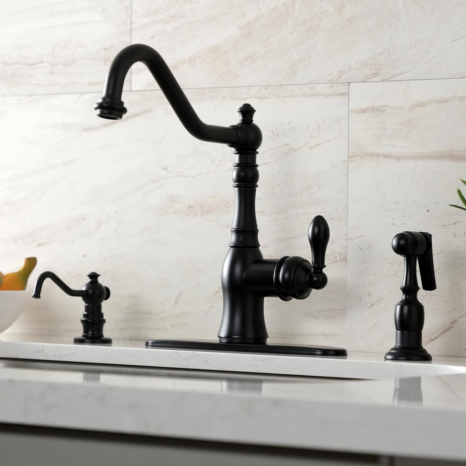 Kingston Brass GSY7700ACLBS American Classic Single-Handle Kitchen Faucet with Brass Sprayer, Matte Black