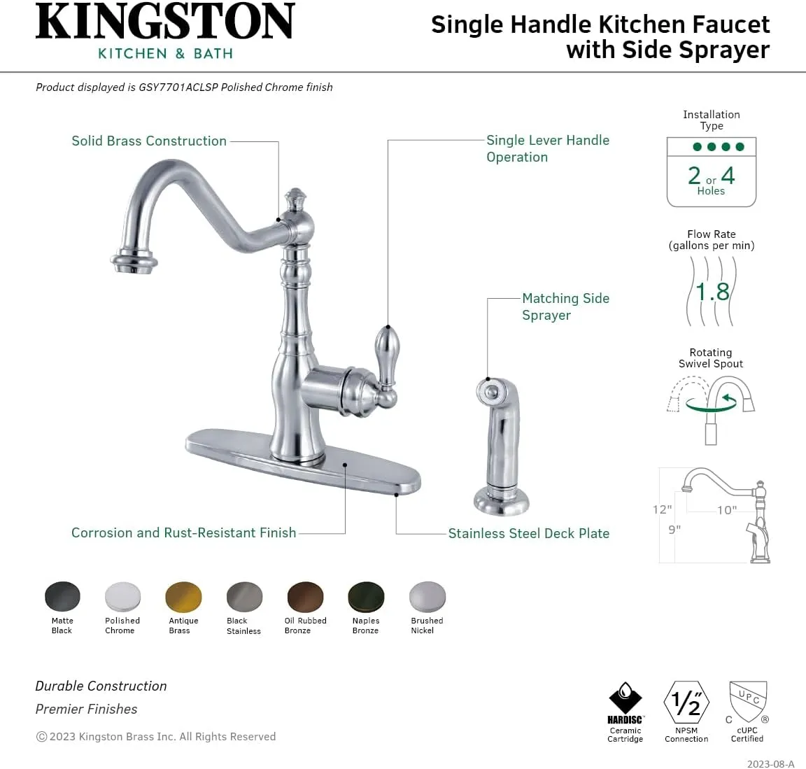 Kingston Brass GSY7700ACLSP American Classic Single-Handle Kitchen Faucet with Sprayer and Deck Plate, Matte Black