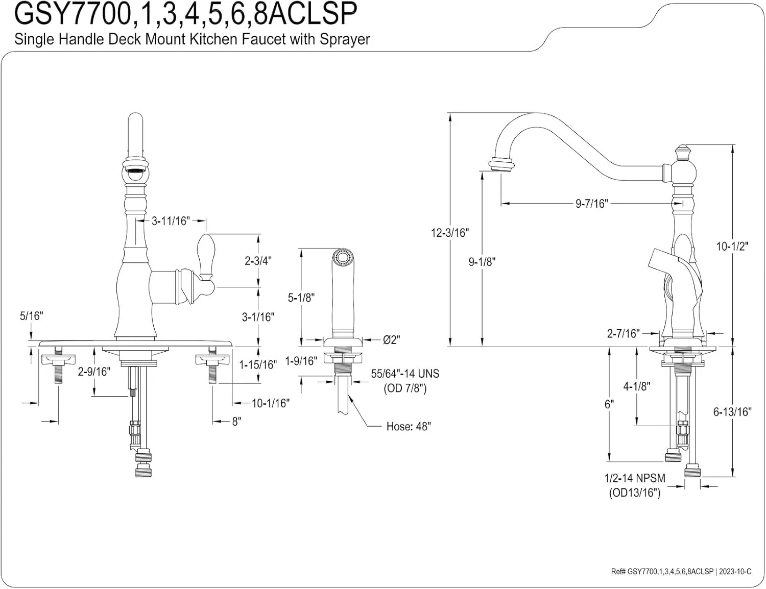 Kingston Brass GSY7700ACLSP American Classic Single-Handle Kitchen Faucet with Sprayer and Deck Plate, Matte Black