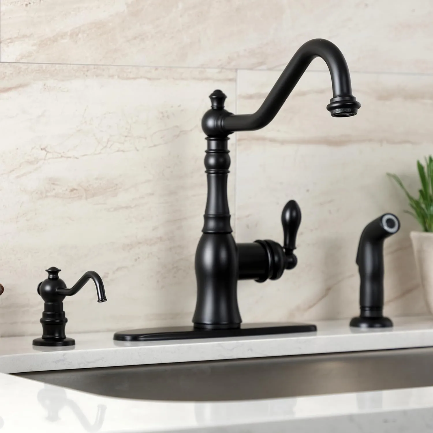 Kingston Brass GSY7700ACLSP American Classic Single-Handle Kitchen Faucet with Sprayer and Deck Plate, Matte Black