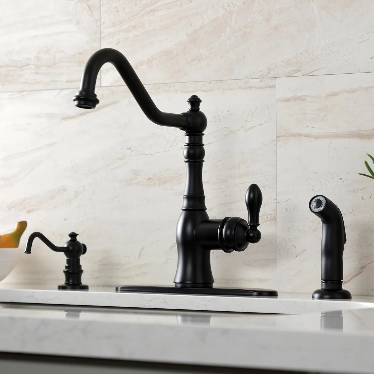 Kingston Brass GSY7700ACLSP American Classic Single-Handle Kitchen Faucet with Sprayer and Deck Plate, Matte Black