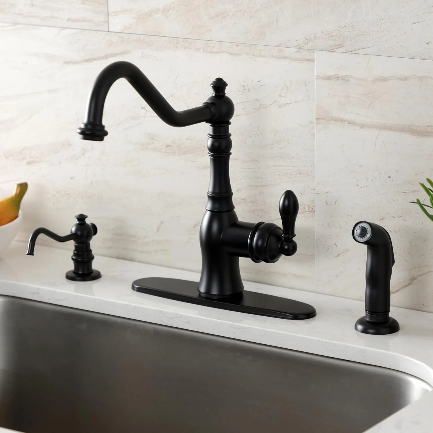 Kingston Brass GSY7700ACLSP American Classic Single-Handle Kitchen Faucet with Sprayer and Deck Plate, Matte Black