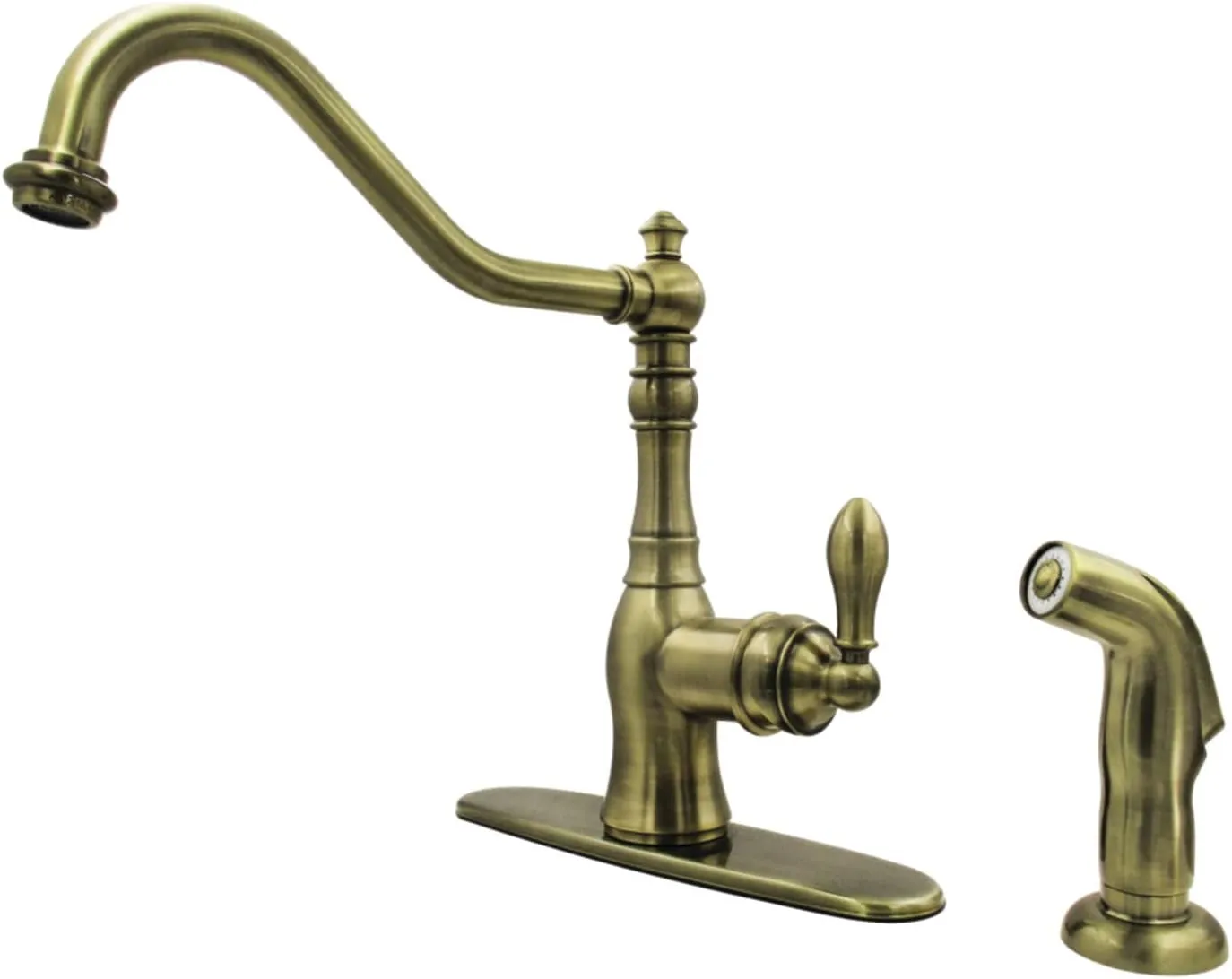 Kingston Brass GSY7703ACLSP American Classic Single-Handle Kitchen Faucet with Sprayer and Deck Plate, Antique Brass