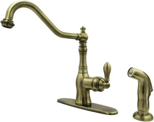 Kingston Brass GSY7703ACLSP American Classic Single-Handle Kitchen Faucet with Sprayer and Deck Plate, Antique Brass