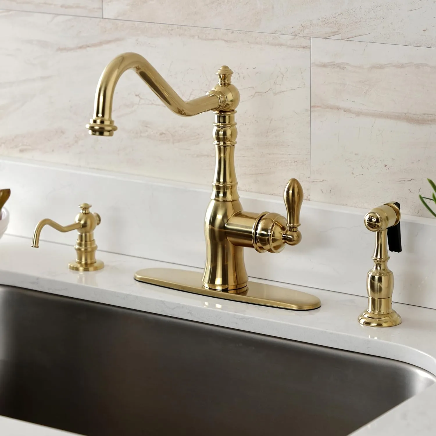 Kingston Brass GSY7707ACLBS American Classic Single-Handle Kitchen Faucet Sprayer, Brushed Brass