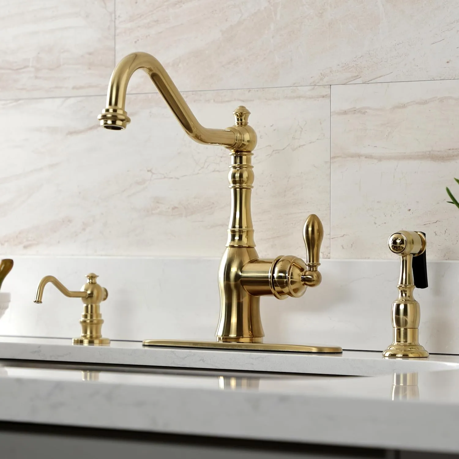 Kingston Brass GSY7707ACLBS American Classic Single-Handle Kitchen Faucet Sprayer, Brushed Brass