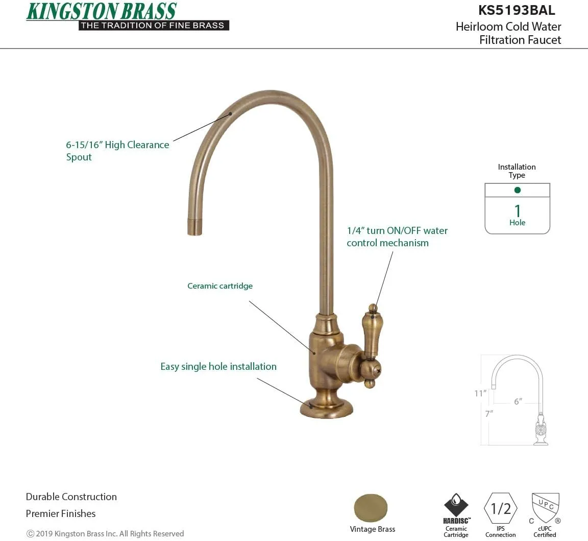Kingston Brass KS5193BAL Heirloom Single-Handle Water Filtration Faucet, Antique Brass