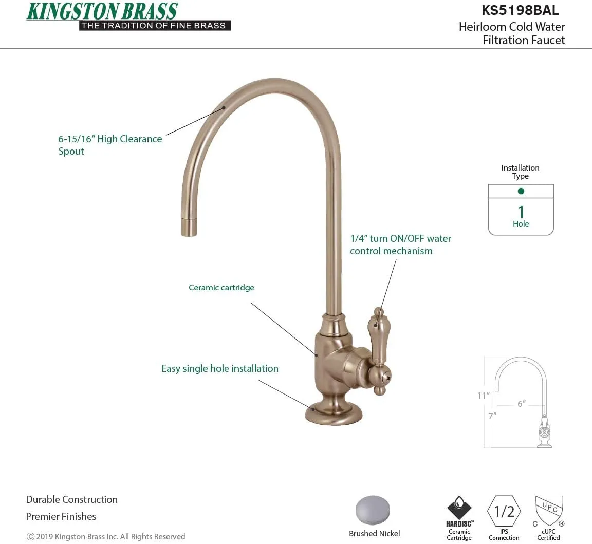 Kingston Brass KS5198BAL Heirloom Single-Handle Water Filtration Faucet, 11.13 x 6.94 x 5.81, Brushed Nickel
