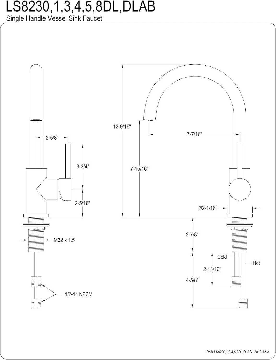 Kingston Brass LS8230DL Concord Vessel Faucet, 7.5 x 3 x 12.56, Matte Black