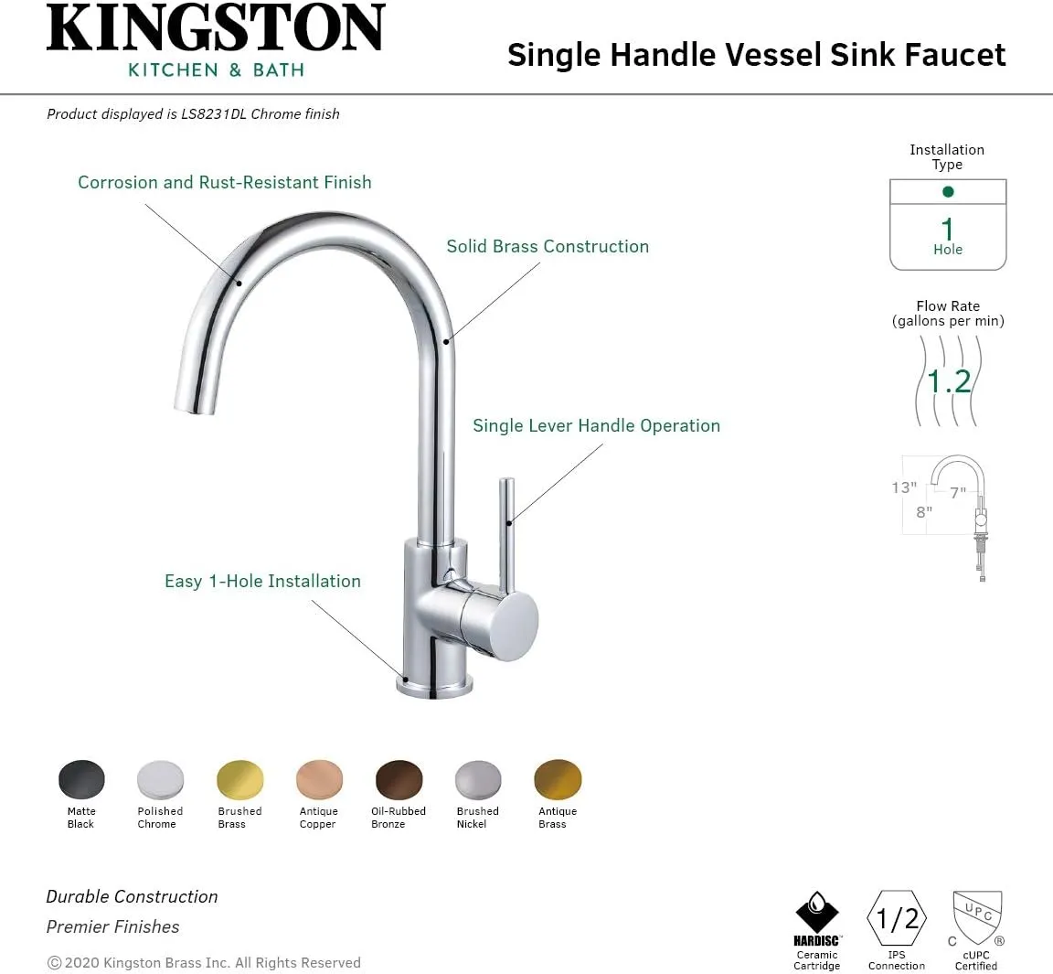 Kingston Brass LS8230DL Concord Vessel Faucet, 7.5 x 3 x 12.56, Matte Black