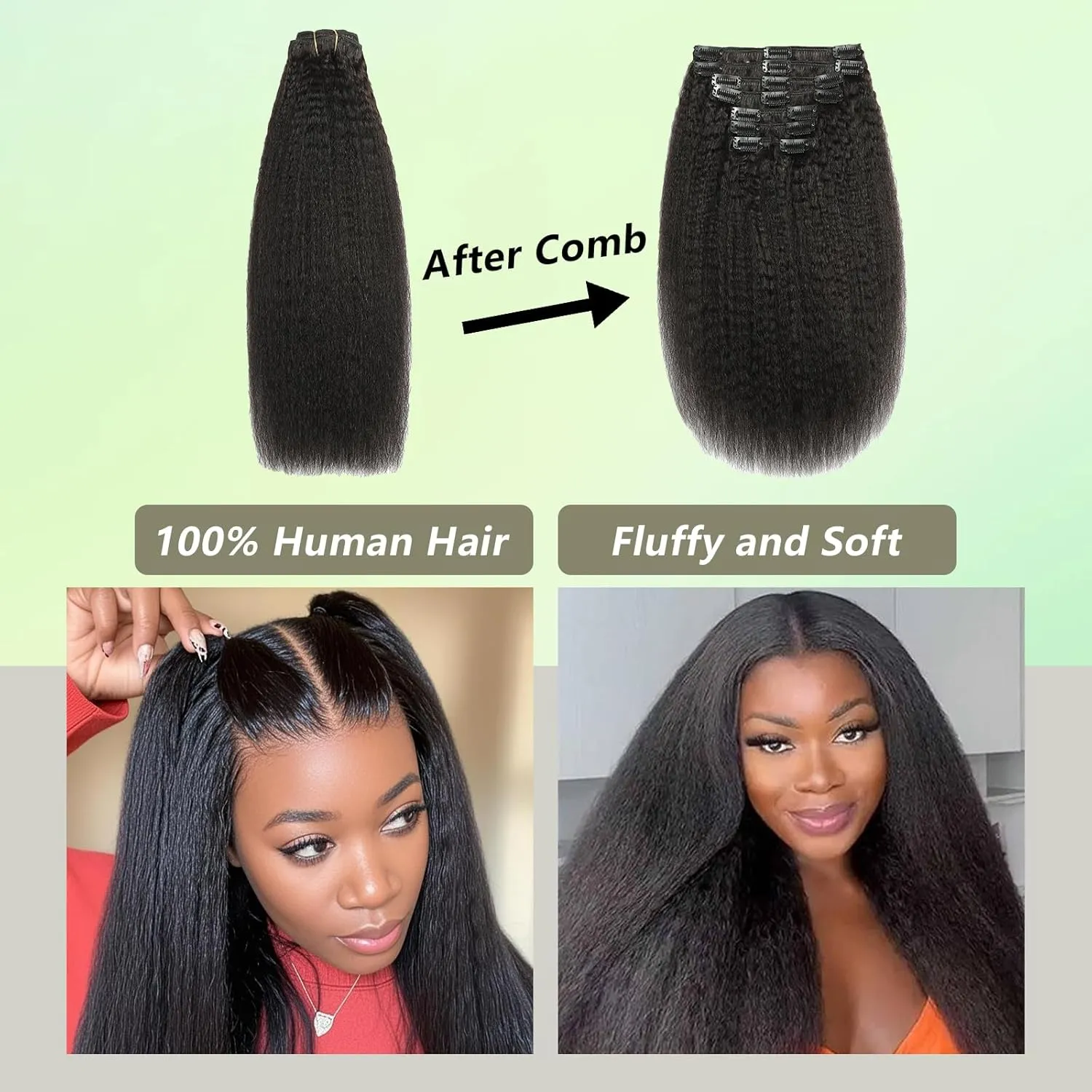 Kinky Straight 14 Inch Clip in Hair Extensions Real Human Hair Yaki Straight Clip ins for Women Full Head Brazilian Remy Hair Extensions Double Weft 14 Inch