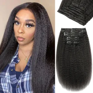 Kinky Straight 14 Inch Clip in Hair Extensions Real Human Hair Yaki Straight Clip ins for Women Full Head Brazilian Remy Hair Extensions Double Weft 14 Inch