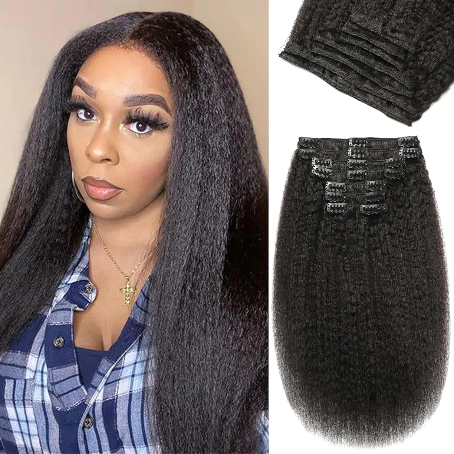 Kinky Straight 14 Inch Clip in Hair Extensions Real Human Hair Yaki Straight Clip ins for Women Full Head Brazilian Remy Hair Extensions Double Weft 14 Inch