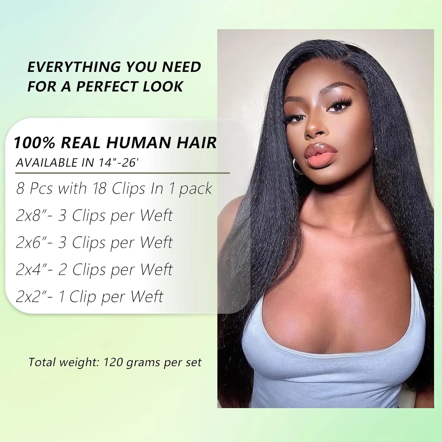 Kinky Straight 14 Inch Clip in Hair Extensions Real Human Hair Yaki Straight Clip ins for Women Full Head Brazilian Remy Hair Extensions Double Weft 14 Inch