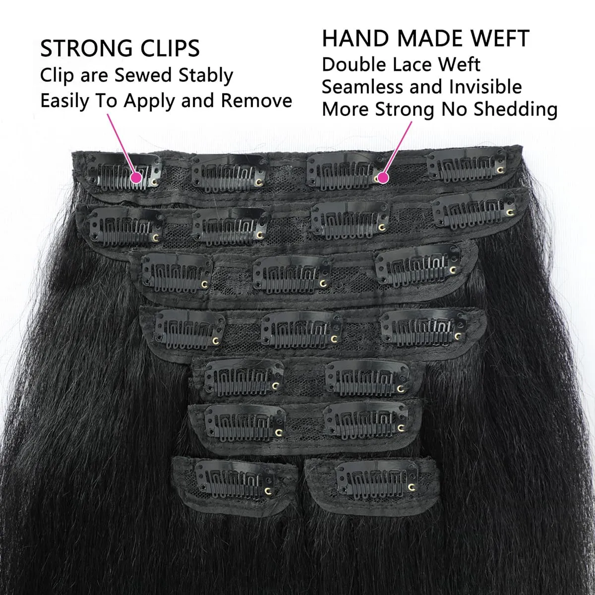 Kinky Straight Clip ins 16 Inch 8Pcs 110g Kinky Straight Clip in Hair Extensions Real Human Hair Brazilian Remy Human Hair Extensions for Women Per Set with 20 Clips Double Weft Natural Black