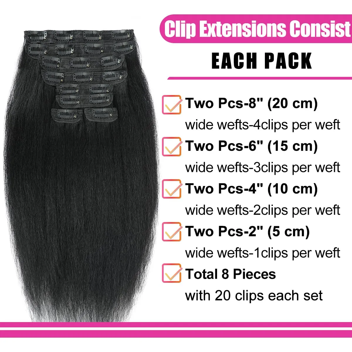 Kinky Straight Clip ins 16 Inch 8Pcs 110g Kinky Straight Clip in Hair Extensions Real Human Hair Brazilian Remy Human Hair Extensions for Women Per Set with 20 Clips Double Weft Natural Black