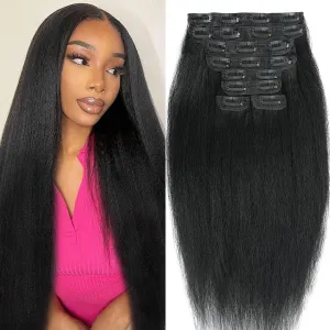 Kinky Straight Clip ins 16 Inch 8Pcs 110g Kinky Straight Clip in Hair Extensions Real Human Hair Brazilian Remy Human Hair Extensions for Women Per Set with 20 Clips Double Weft Natural Black