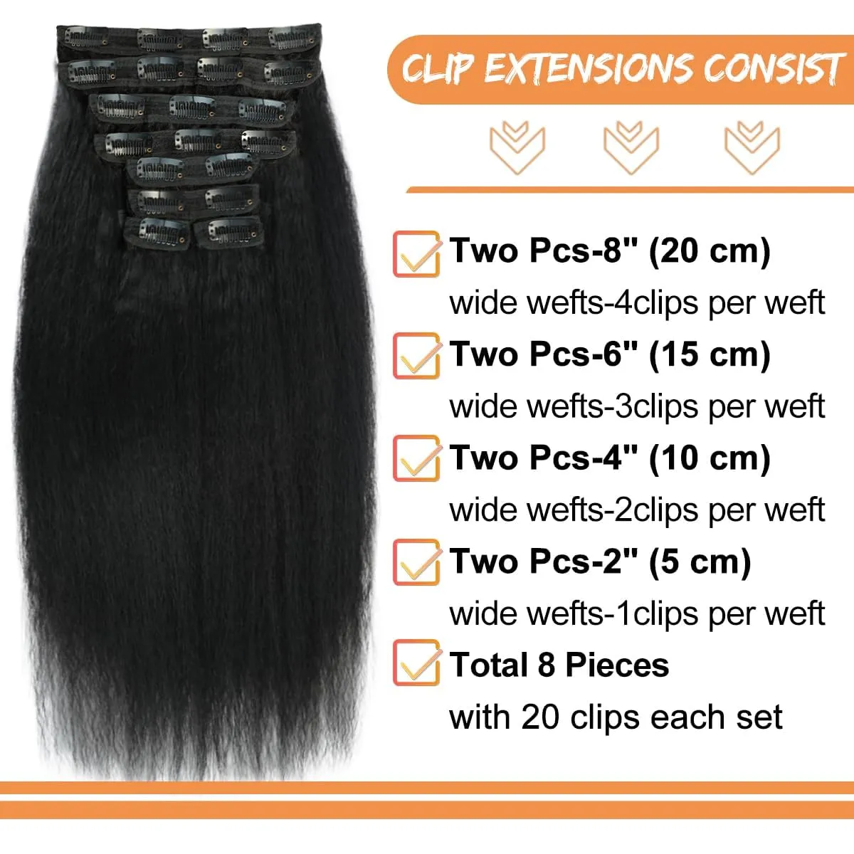 Kinky Straight Clip ins 8Pcs 120g 12 Inch Clip in Hair Extensions Real Human Hair Yaki Straight Clipins for Black Women Full Head Brazilian Remy Hair Extensions Double Weft 20 Clips