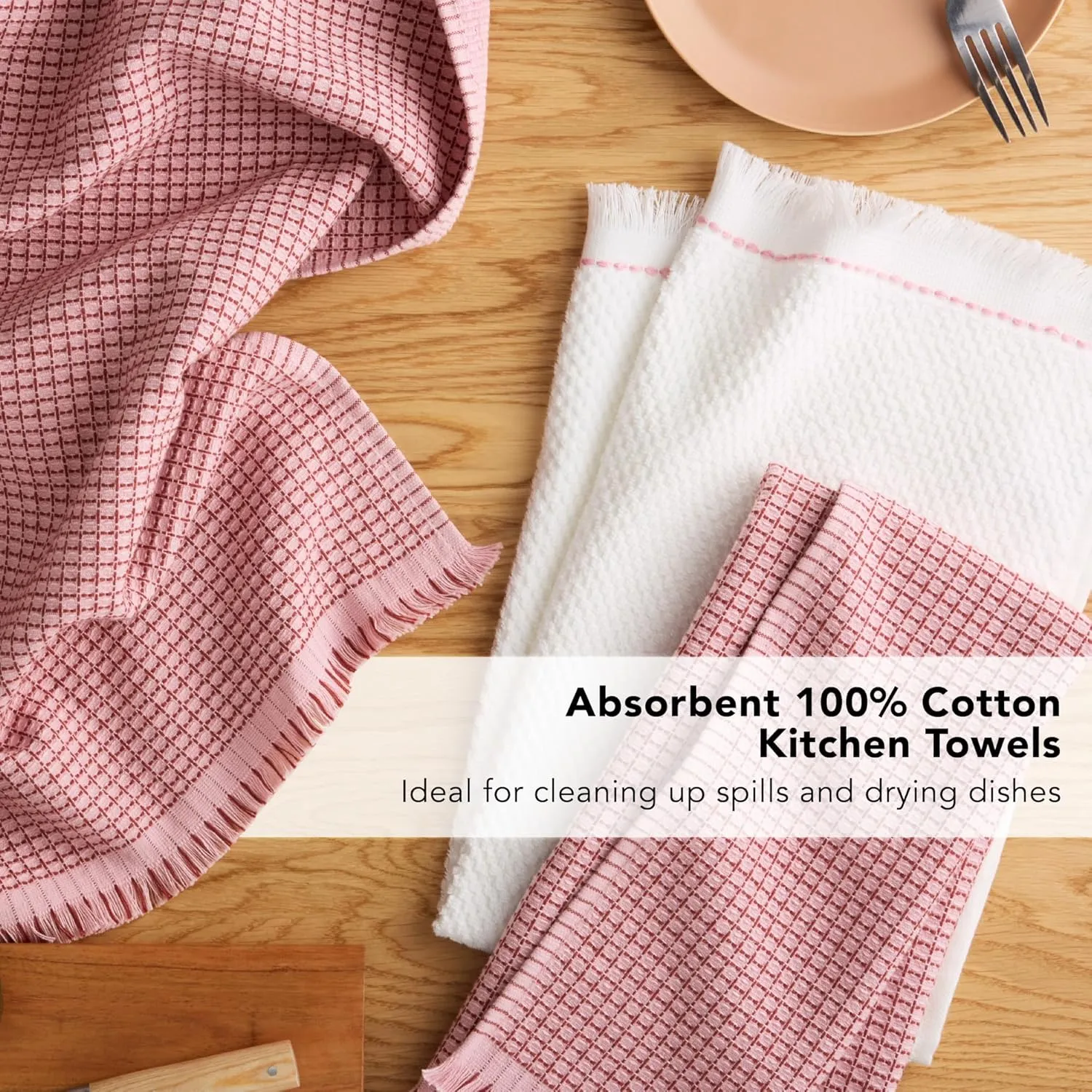 KitchenAid Gourmet Series Gridlines Kitchen Towels 3-Pack Set, 100% Cotton Absorbent, Dried Rose, 18"x28"