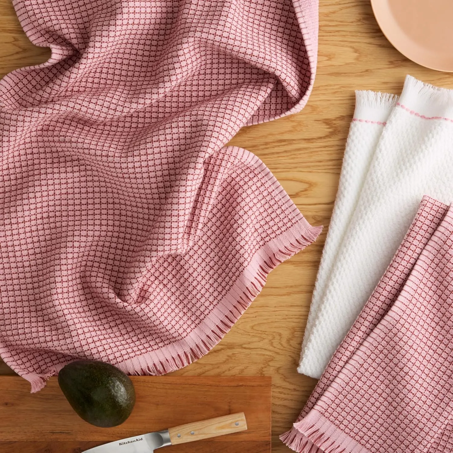 KitchenAid Gourmet Series Gridlines Kitchen Towels 3-Pack Set, 100% Cotton Absorbent, Dried Rose, 18"x28"