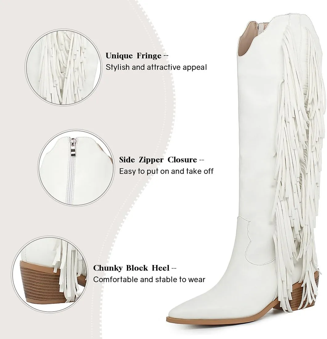KiutSymo Cowgirl Fringe Boots For Women White Tassels Cowboy Boots Knee High Pointed Toe Western Boots