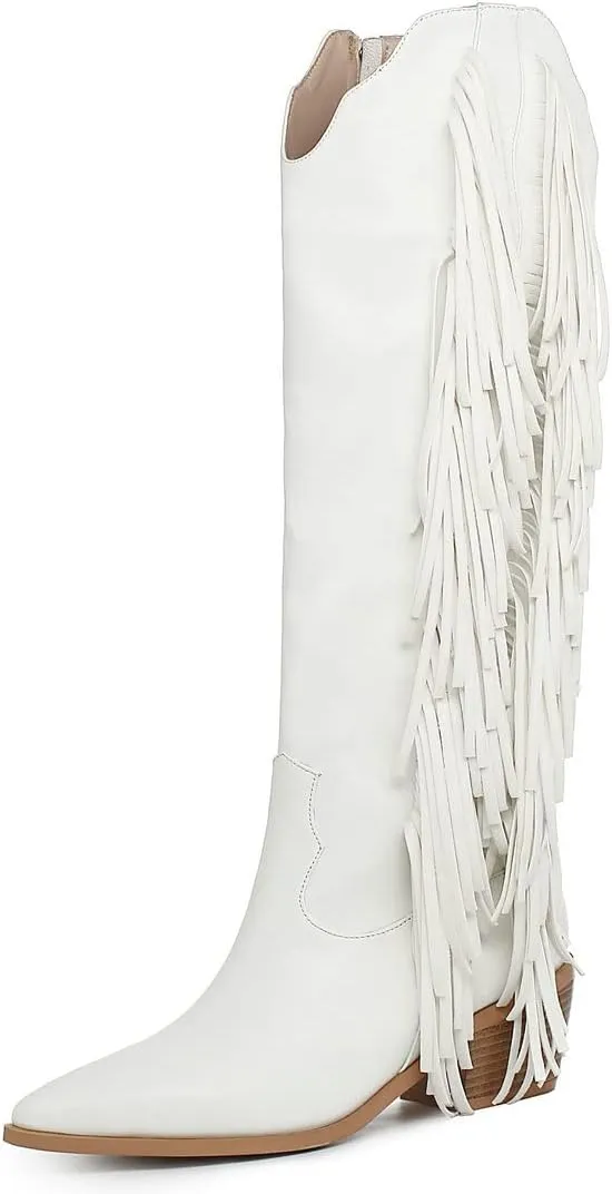 KiutSymo Cowgirl Fringe Boots For Women White Tassels Cowboy Boots Knee High Pointed Toe Western Boots