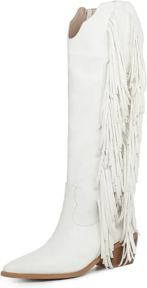 KiutSymo Cowgirl Fringe Boots For Women White Tassels Cowboy Boots Knee High Pointed Toe Western Boots